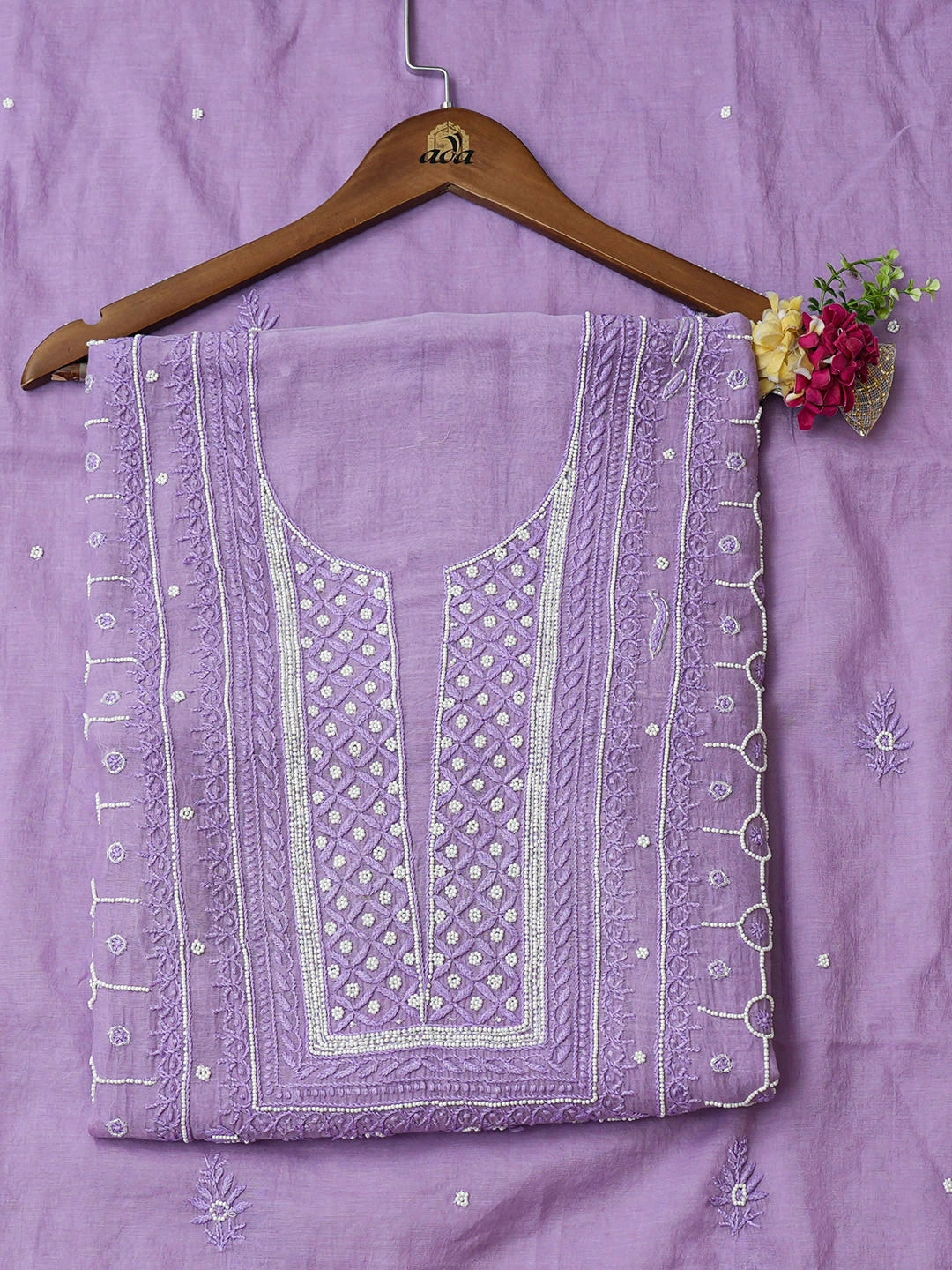Ada Hand Embroidered Mauve Chanderi Lucknowi Chikankari Unstitched Kurta Dupatta Set With Pearl Work 01A819262