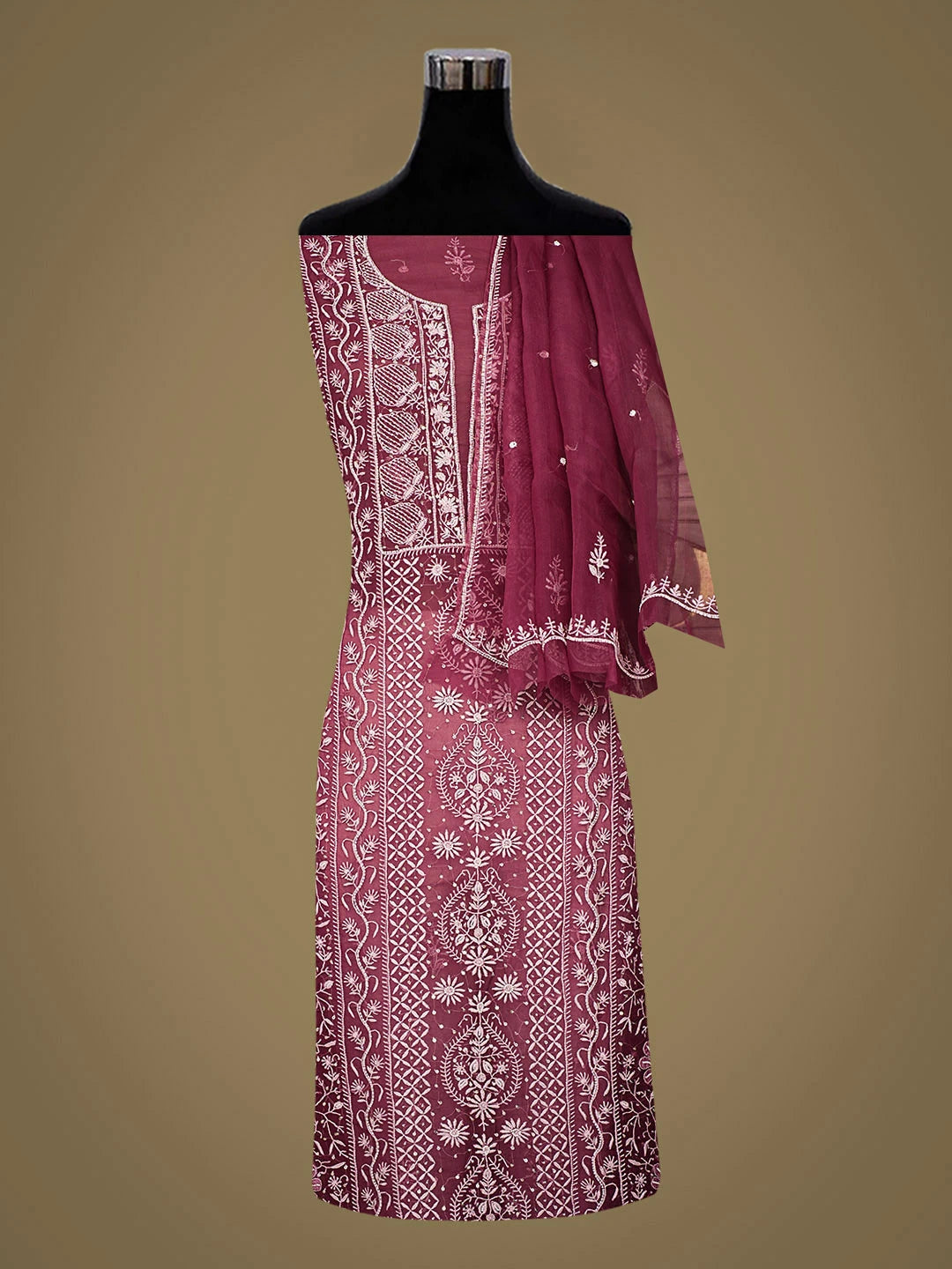 Ada Hand Embroidered Onion Pink Organza Lucknowi Chikankari Unstitched Kurta Dupatta Set With Sequinned Work 01A939351