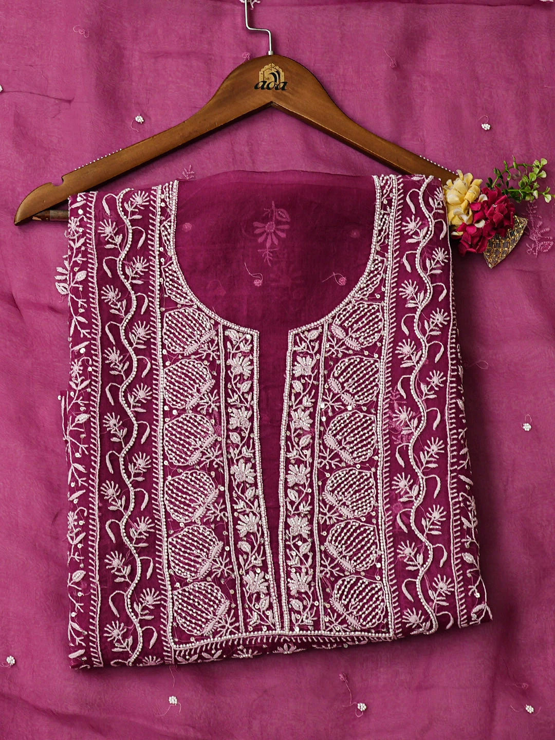 Ada Hand Embroidered Onion Pink Organza Lucknowi Chikankari Unstitched Kurta Dupatta Set With Sequinned Work 01A939351