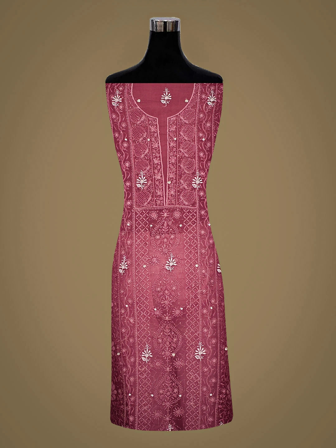 Ada Hand Embroidered Onion Pink Organza Lucknowi Chikankari Unstitched Kurta Dupatta Set With Sequinned Work 01A939351