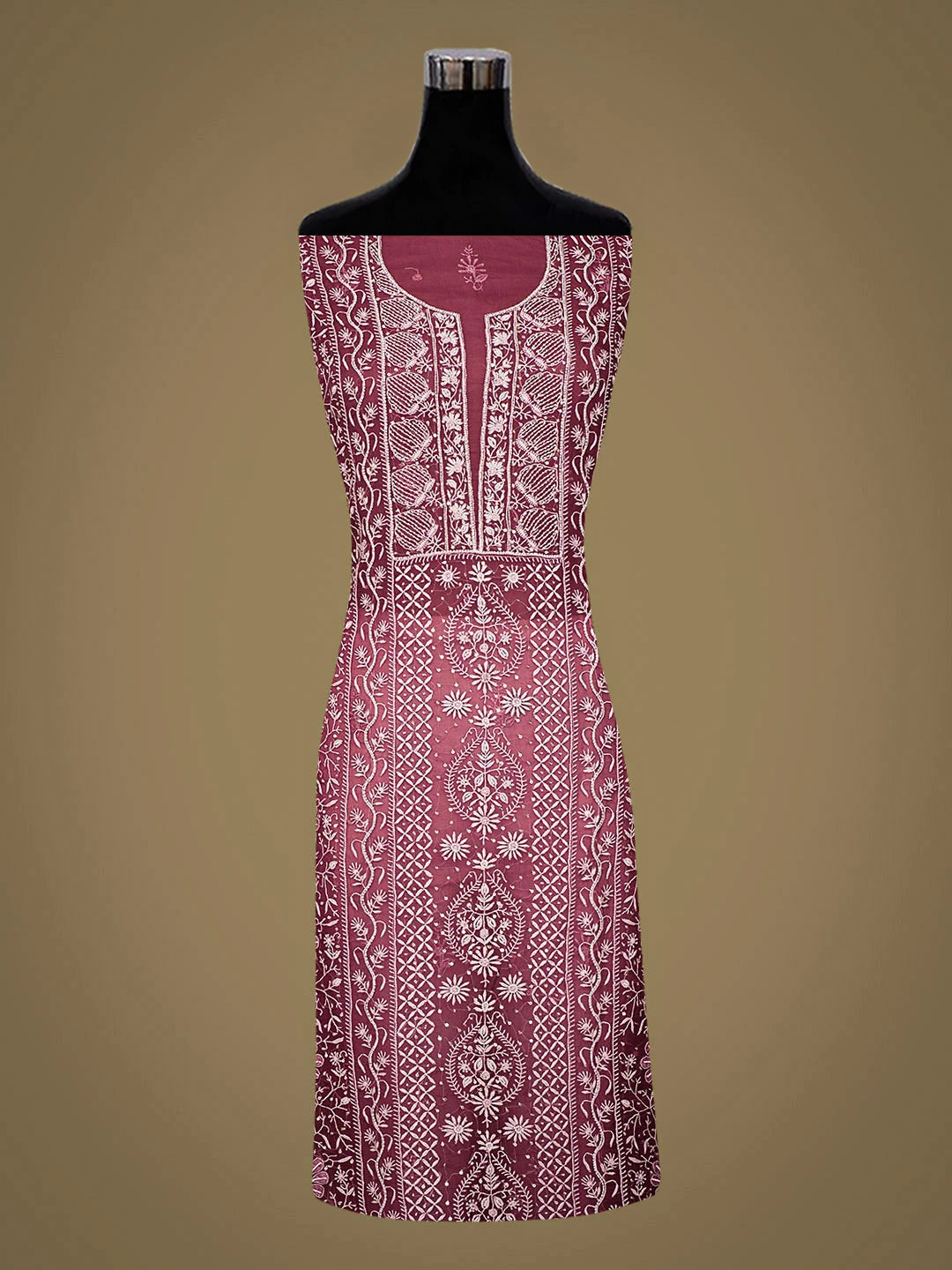 Ada Hand Embroidered Onion Pink Organza Lucknowi Chikankari Unstitched Kurta Dupatta Set With Sequinned Work 01A939351