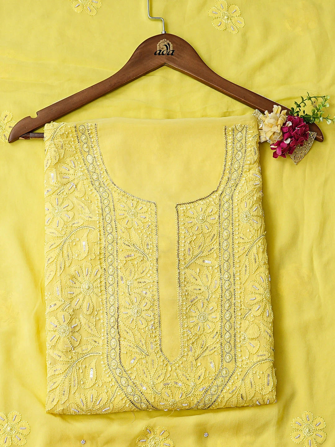 Ada Hand Embroidered Yellow Viscose Georgette Lucknowi Chikankari Unstitched Kurta Dupatta Set With Pearl Work 01A354560