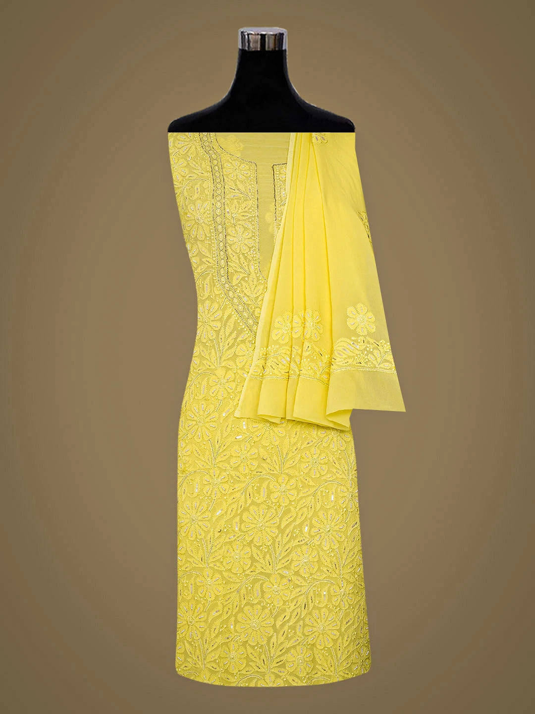 Ada Hand Embroidered Yellow Viscose Georgette Lucknowi Chikankari Unstitched Kurta Dupatta Set With Pearl Work 01A354560