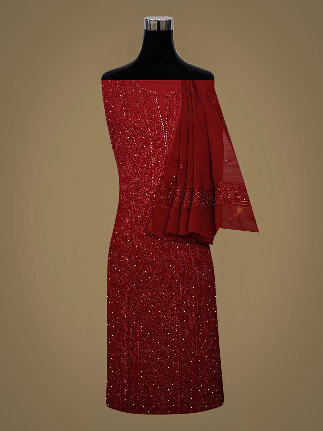 Ada Hand Embroidered Maroon Viscose Georgette Lucknowi Chikankari Unstitched Kurta Dupatta Set With Muqaish/Mukaish Work 01A933567