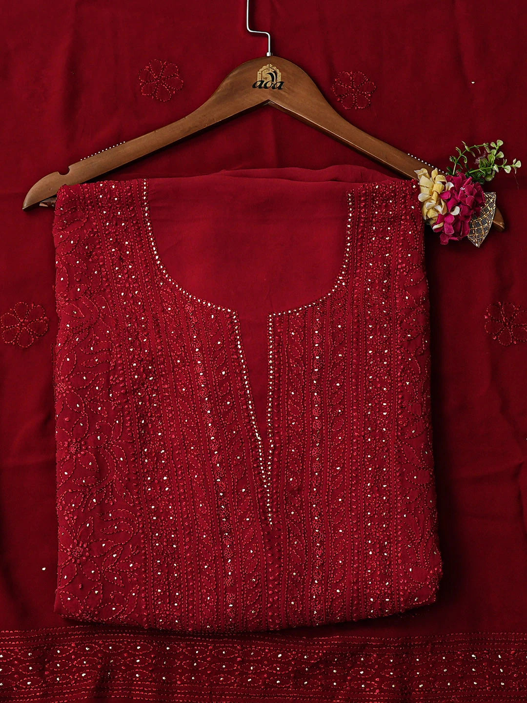 Ada Hand Embroidered Maroon Viscose Georgette Lucknowi Chikankari Unstitched Kurta Dupatta Set With Muqaish/Mukaish Work 01A933567