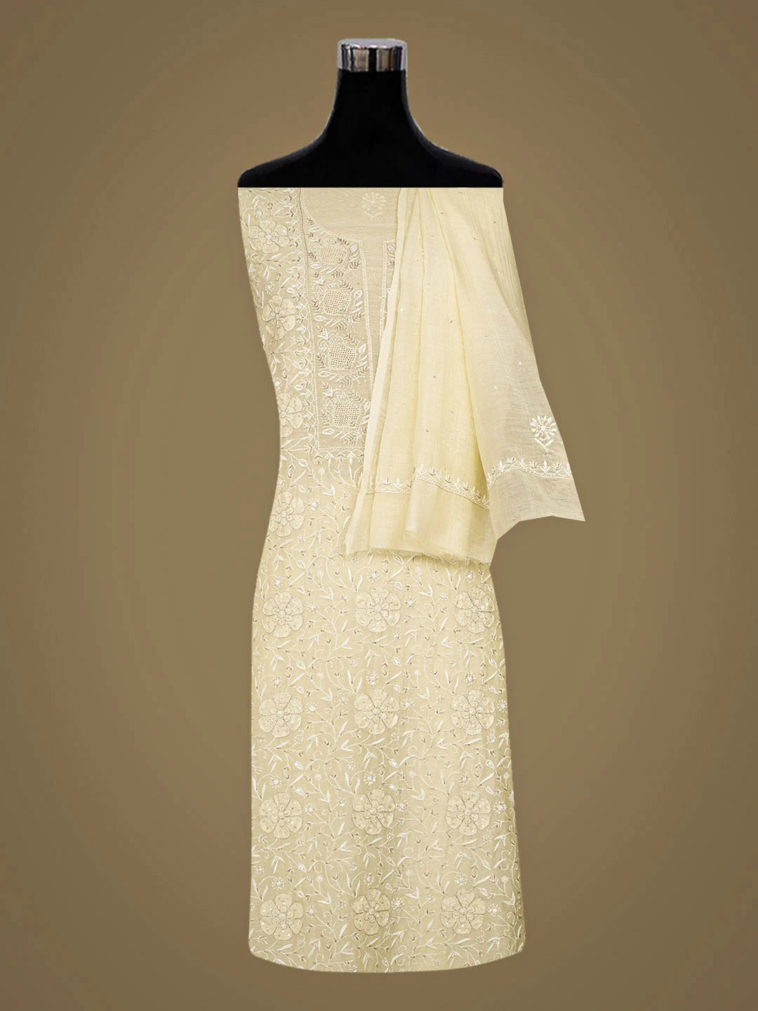 Ada Hand Embroidered Lemon Chanderi Lucknowi Chikankari Unstitched Kurta Dupatta Set With Cutdana Work 01A936200