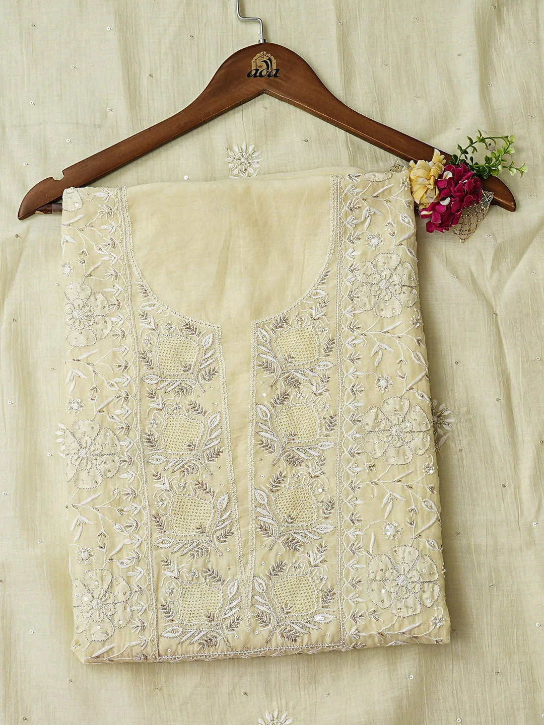 Ada Hand Embroidered Lemon Chanderi Lucknowi Chikankari Unstitched Kurta Dupatta Set With Cutdana Work 01A936200