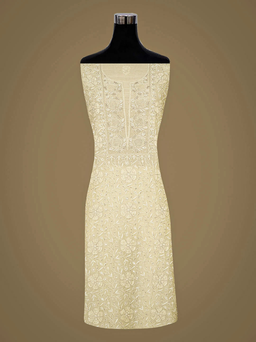 Ada Hand Embroidered Lemon Chanderi Lucknowi Chikankari Unstitched Kurta Dupatta Set With Cutdana Work 01A936200
