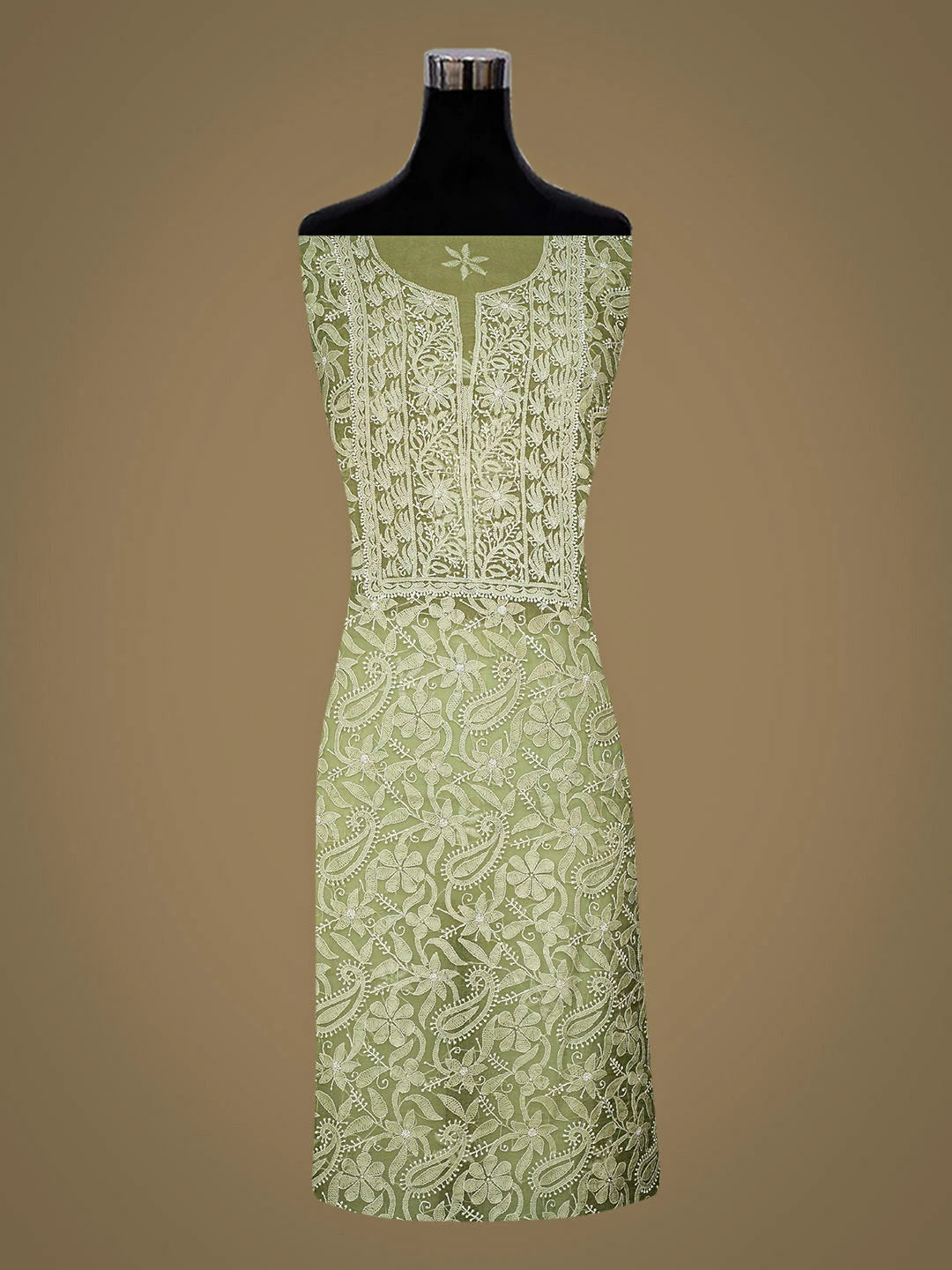 Ada Hand Embroidered Green Organza Lucknowi Chikankari Unstitched Kurta Dupatta Set 01A309161