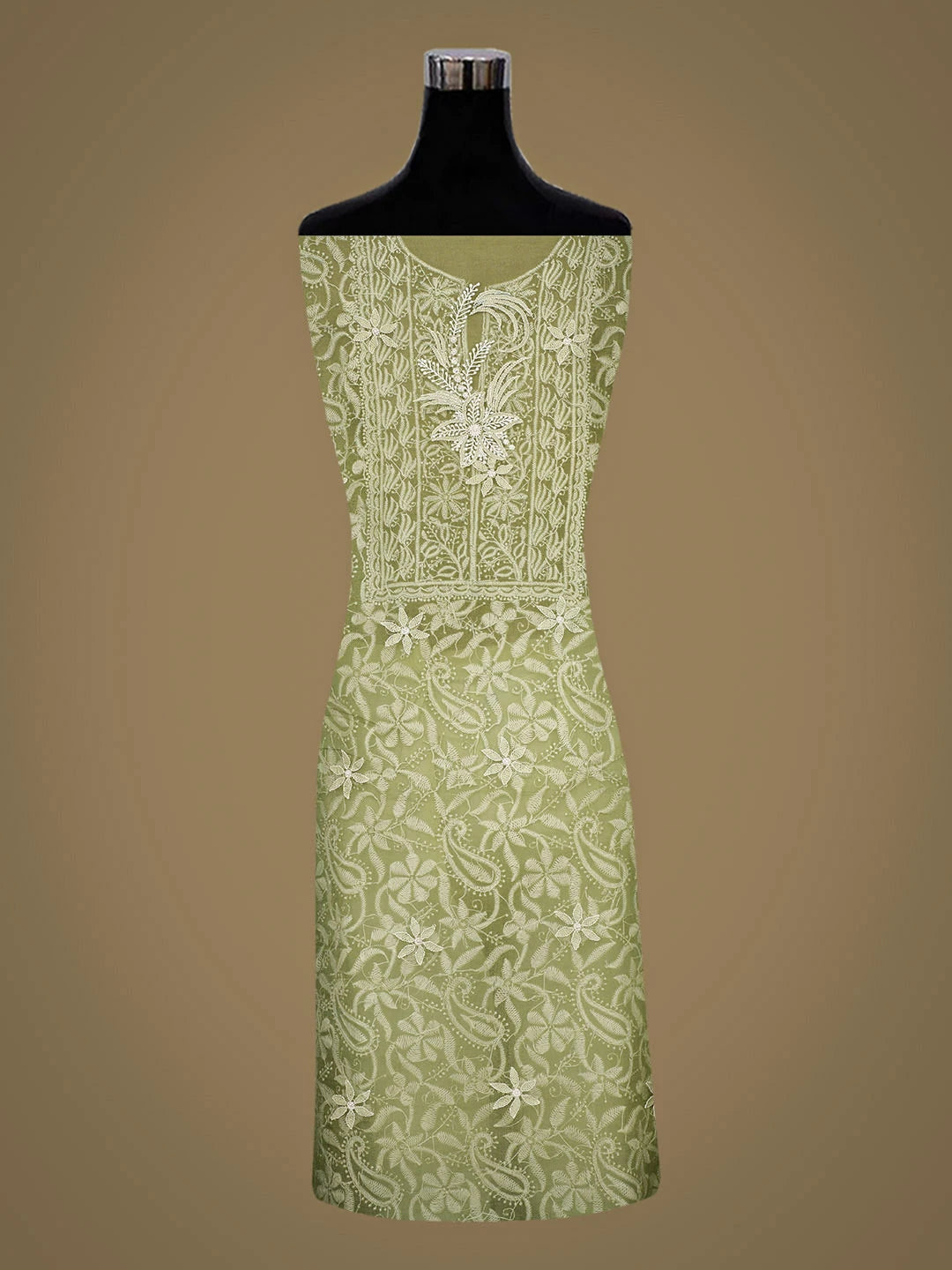 Ada Hand Embroidered Green Organza Lucknowi Chikankari Unstitched Kurta Dupatta Set 01A309161
