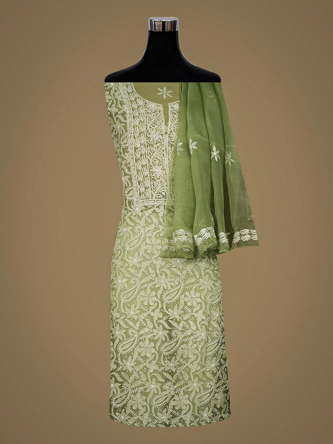 Ada Hand Embroidered Green Organza Lucknowi Chikankari Unstitched Kurta Dupatta Set 01A309161