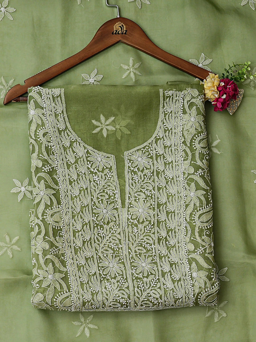 Ada Hand Embroidered Green Organza Lucknowi Chikankari Unstitched Kurta Dupatta Set 01A309161
