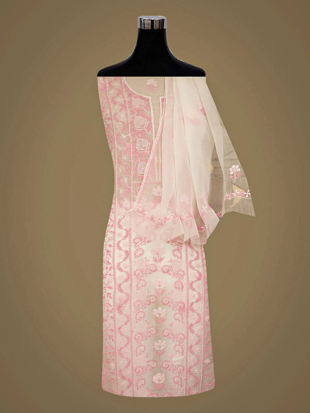 Ada Hand Embroidered White Organza Lucknowi Chikankari Unstitched Kurta Dupatta Set 01A963453