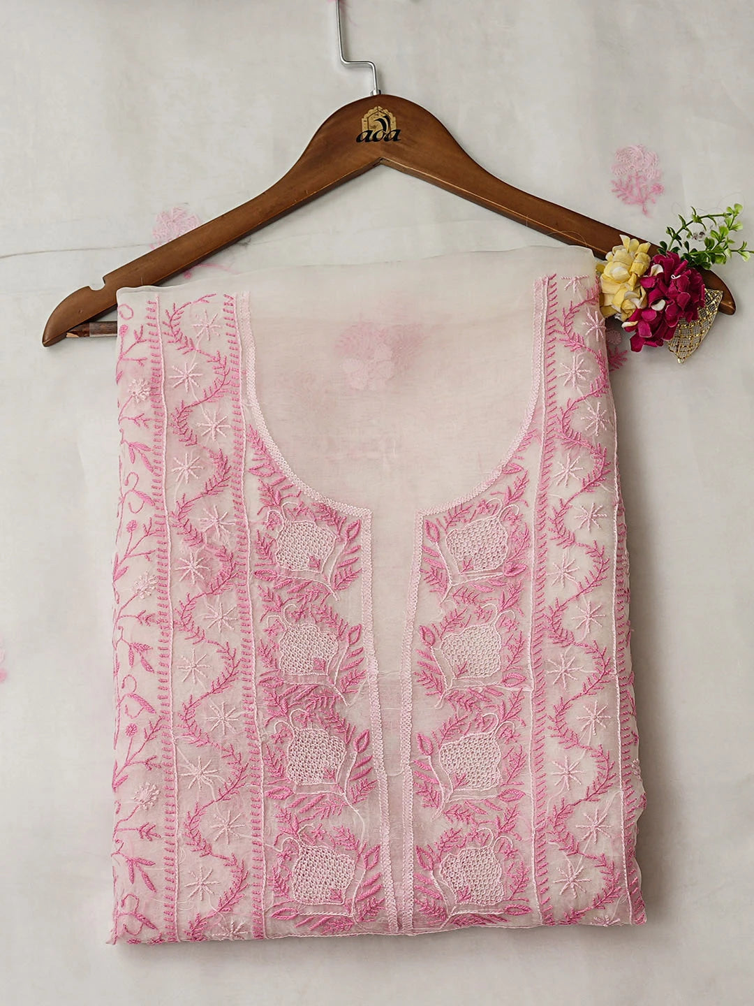 Ada Hand Embroidered White Organza Lucknowi Chikankari Unstitched Kurta Dupatta Set 01A963453