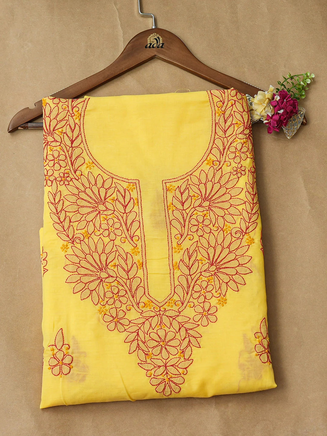 Ada Hand Embroidered Yellow Cotton lucknowi Chikankari Unstitched Kurta 01A946931