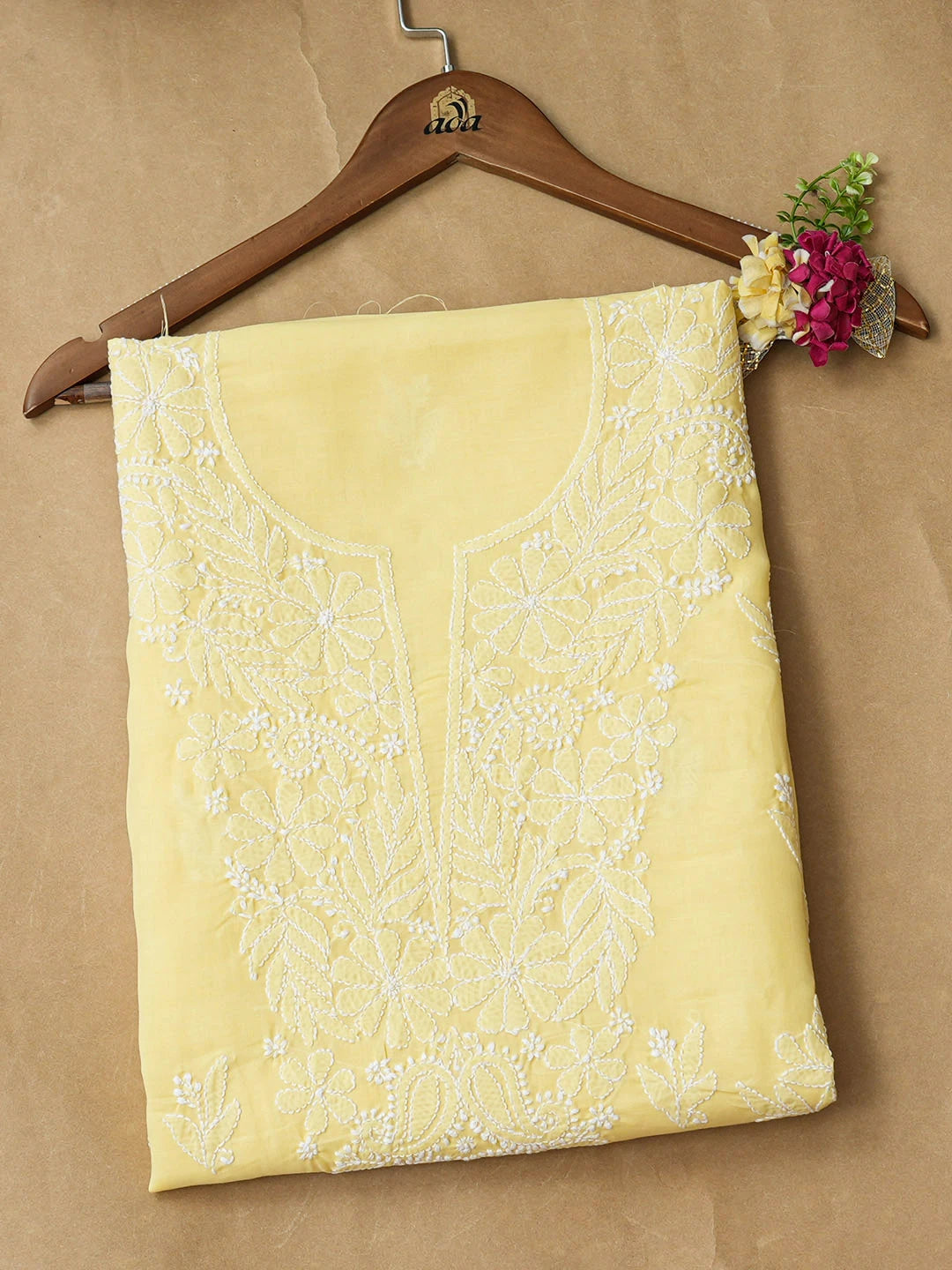 Ada Hand Embroidered Yellow Cotton lucknowi Chikankari Unstitched Kurta 01A946918