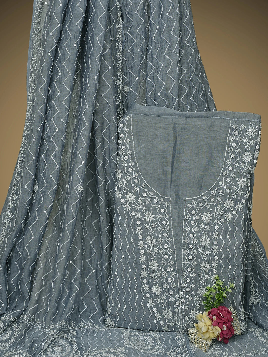 Ada Hand Embroidered Slate Grey Chanderi Lucknowi Chikankari Semi-stitched Kurta Dupatta Set With Cutdana Work 01A971915