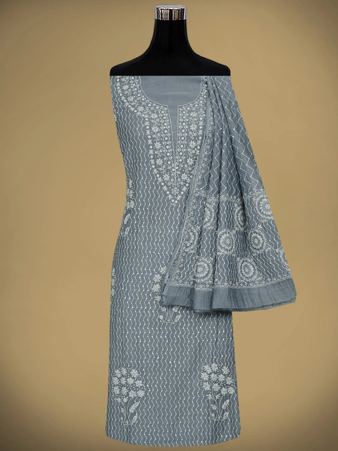 Ada Hand Embroidered Slate Grey Chanderi Lucknowi Chikankari Semi-stitched Kurta Dupatta Set With Cutdana Work 01A971915