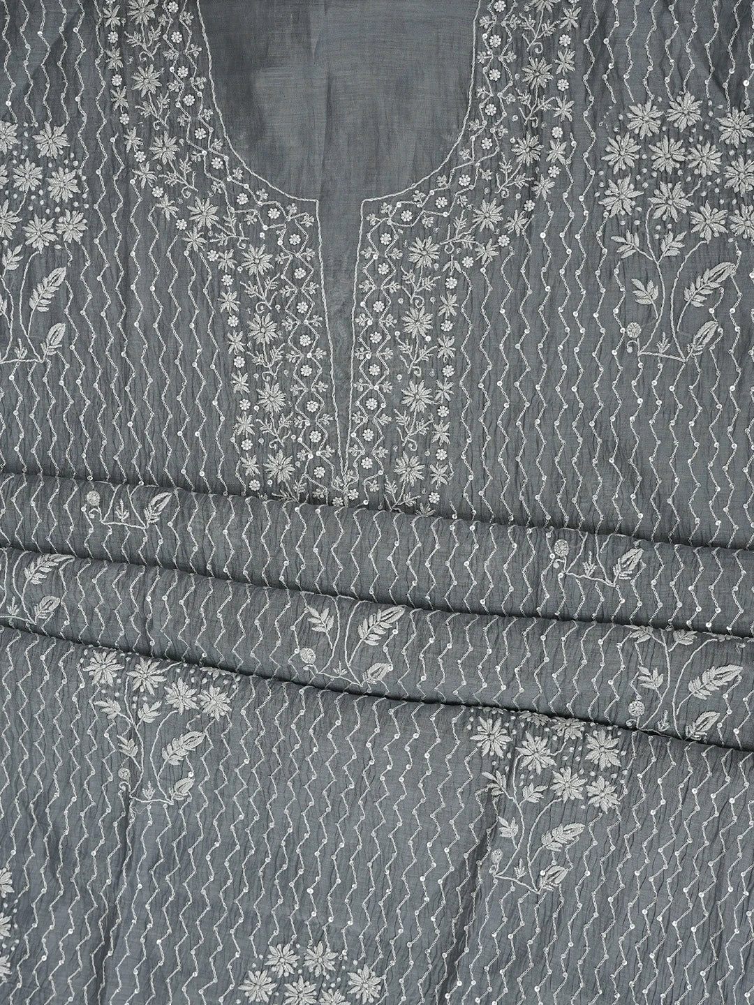 Ada Hand Embroidered Slate Grey Chanderi Lucknowi Chikankari Semi-stitched Kurta Dupatta Set With Cutdana Work 01A971915