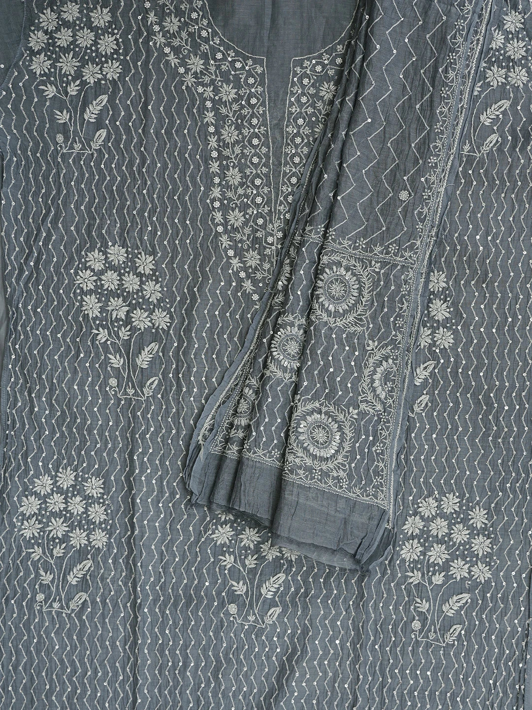 Ada Hand Embroidered Slate Grey Chanderi Lucknowi Chikankari Semi-stitched Kurta Dupatta Set With Cutdana Work 01A971915
