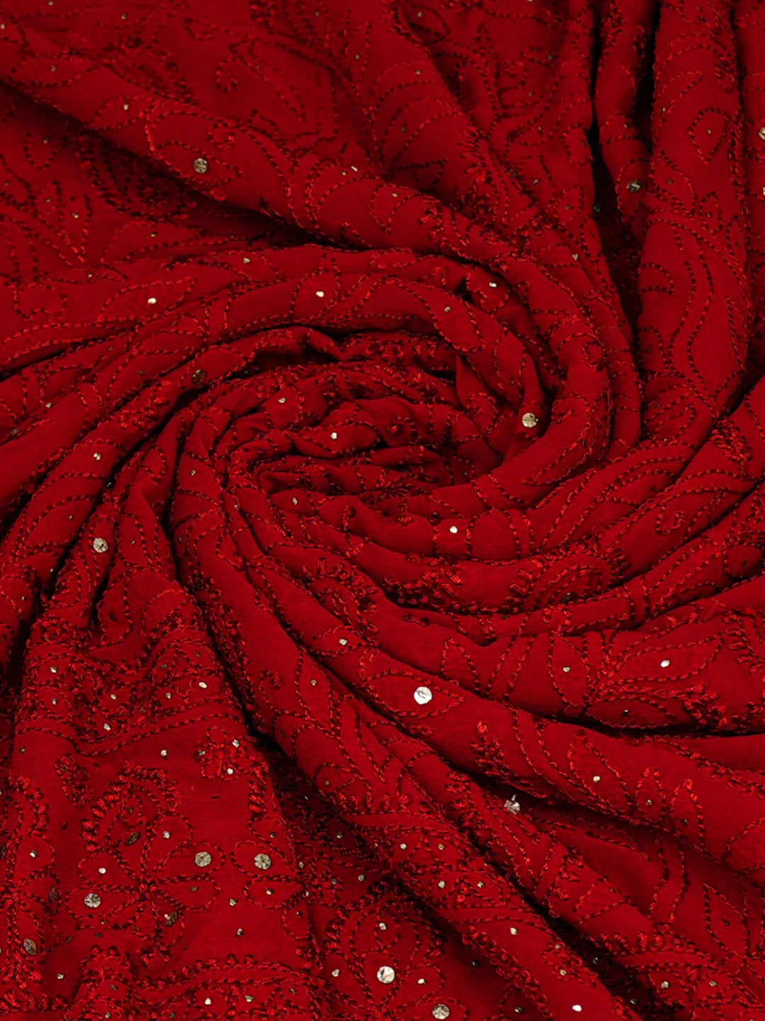 Ada Hand Embroidered Red Pure Georgette Lucknowi Chikankari Dupatta With Muqaish/Mukaish Work 01A177540