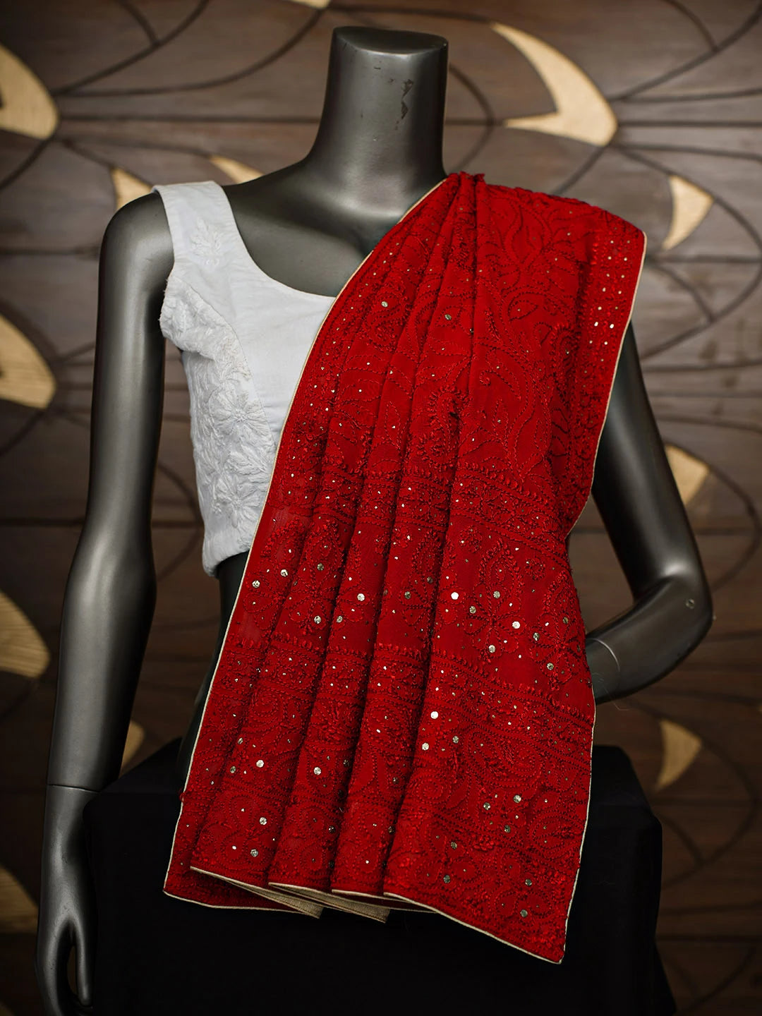Ada Hand Embroidered Red Pure Georgette Lucknowi Chikankari Dupatta With Muqaish/Mukaish Work 01A177540