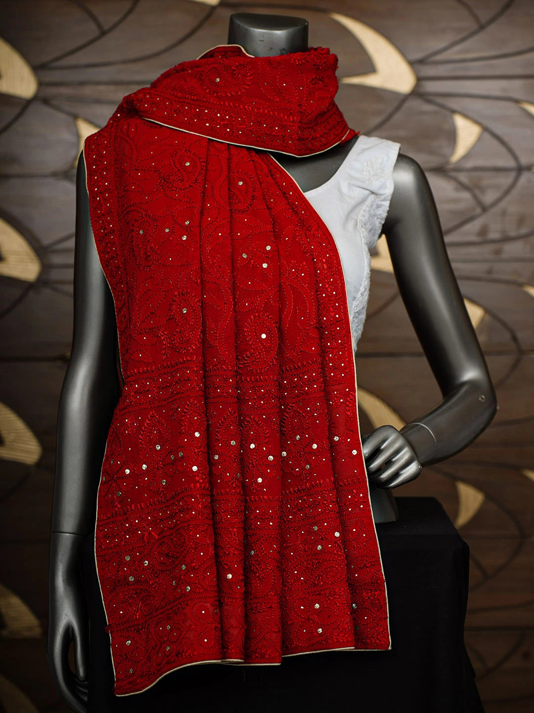 Ada Hand Embroidered Red Pure Georgette Lucknowi Chikankari Dupatta With Muqaish/Mukaish Work 01A177540