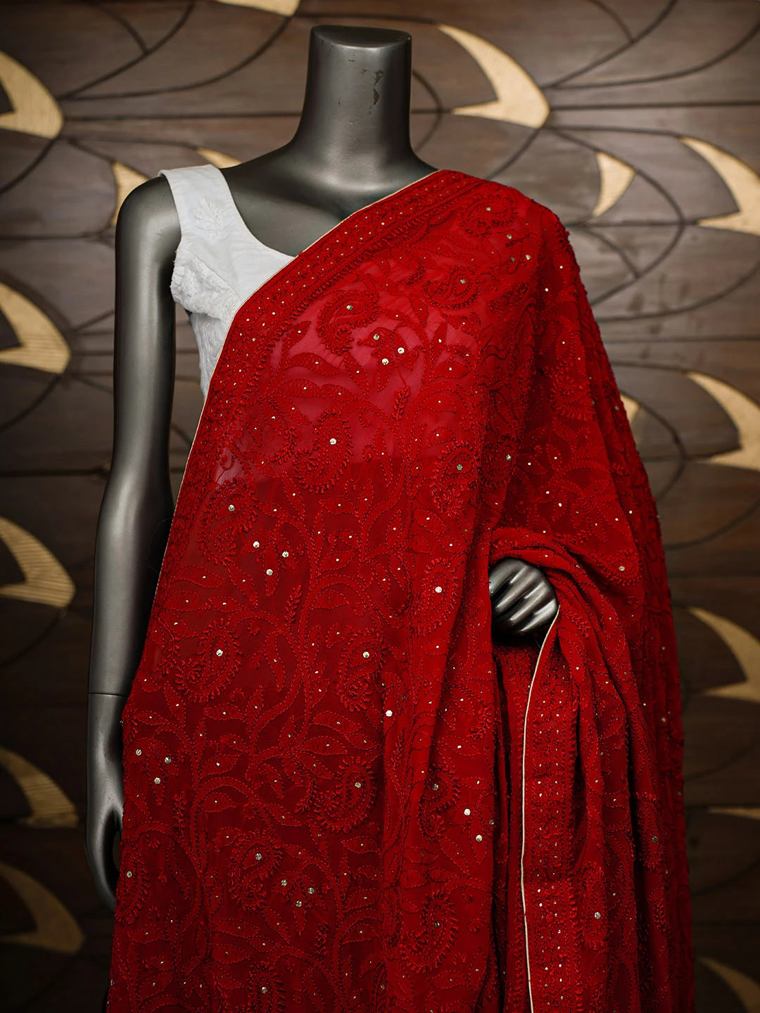 Ada Hand Embroidered Red Pure Georgette Lucknowi Chikankari Dupatta With Muqaish/Mukaish Work 01A177540