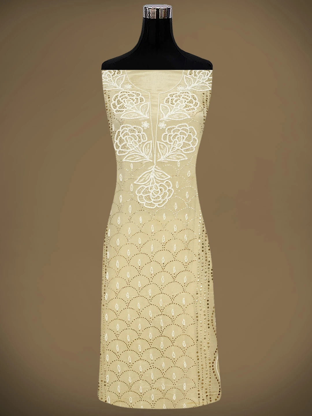 Ada Hand Embroidered Fawn Tissue Lucknowi Chikankari Unstitched Kurta Dupatta Set With Muqaish /Mukaish Work 01A972631