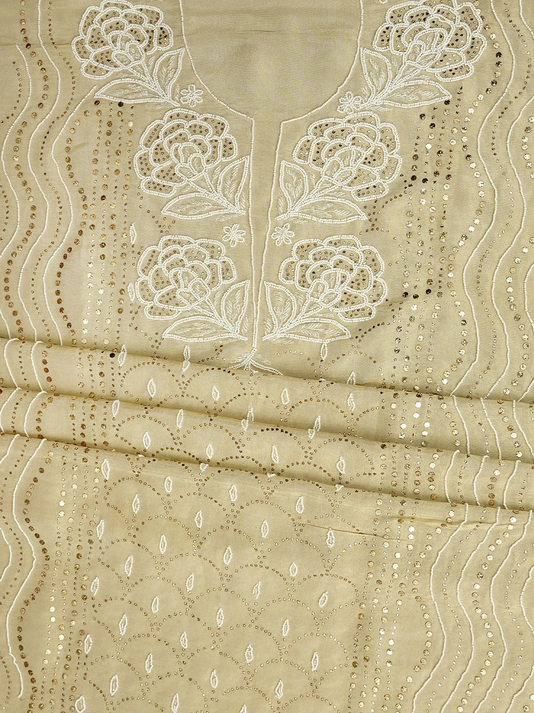 Ada Hand Embroidered Fawn Tissue Lucknowi Chikankari Unstitched Kurta Dupatta Set With Muqaish /Mukaish Work 01A972631