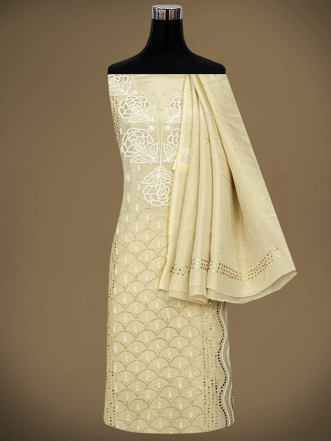 Ada Hand Embroidered Fawn Tissue Lucknowi Chikankari Unstitched Kurta Dupatta Set With Muqaish /Mukaish Work 01A972631