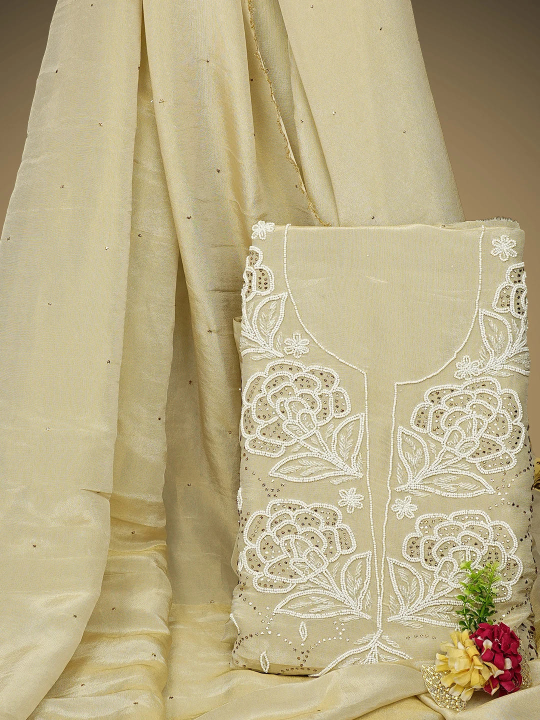 Ada Hand Embroidered Fawn Tissue Lucknowi Chikankari Unstitched Kurta Dupatta Set With Muqaish /Mukaish Work 01A972631