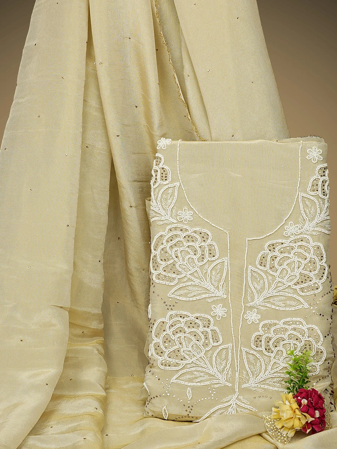 Ada Hand Embroidered Fawn Tissue Lucknowi Chikankari Unstitched Kurta Dupatta Set With Muqaish /Mukaish Work 01A972631