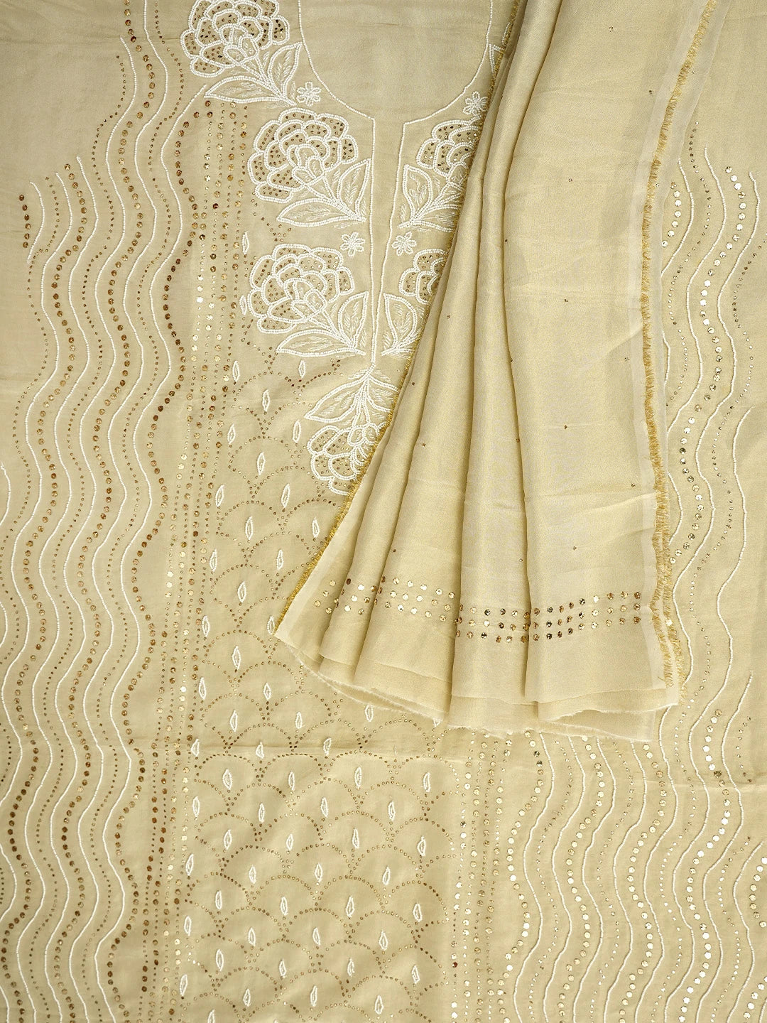 Ada Hand Embroidered Fawn Tissue Lucknowi Chikankari Unstitched Kurta Dupatta Set With Muqaish /Mukaish Work 01A972631
