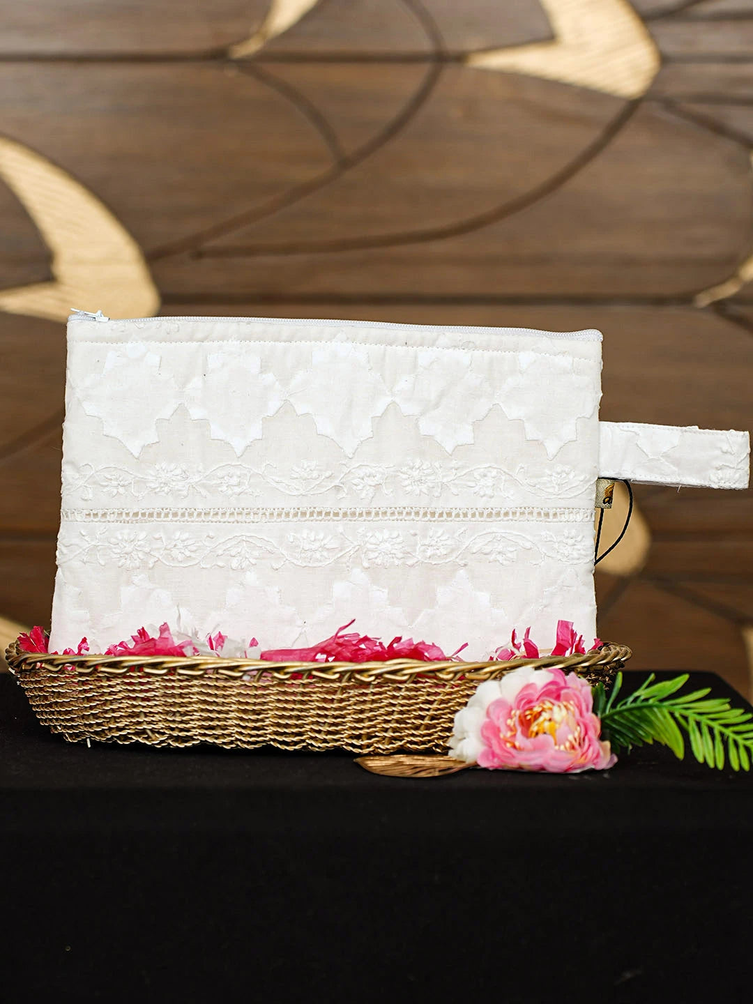 Ada Hand Embroidered White Cotton Lucknowi Chikankari Pouch 01A922758