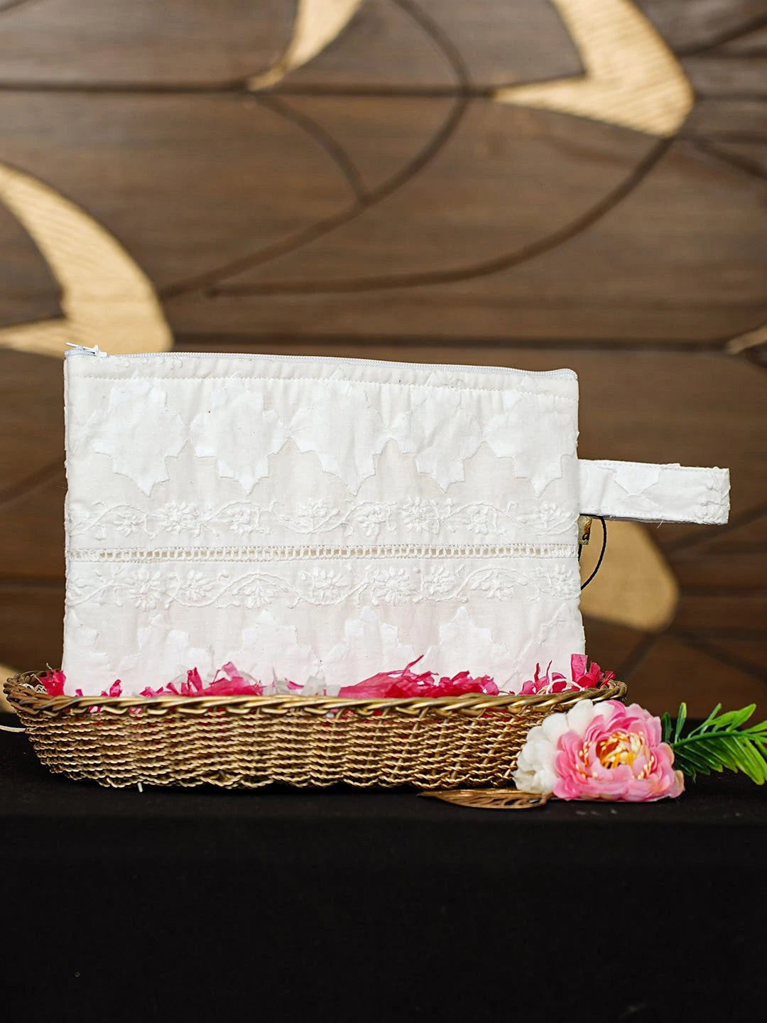 Ada Hand Embroidered White Cotton Lucknowi Chikankari Pouch 01A922758