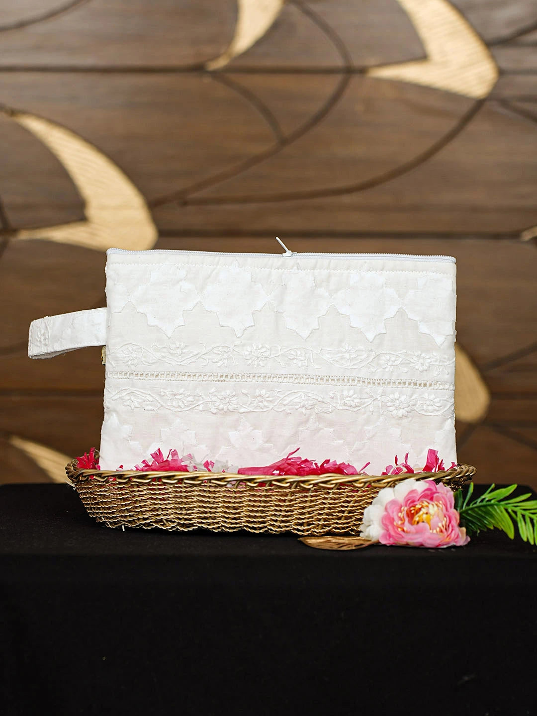 Ada Hand Embroidered White Cotton Lucknowi Chikankari Pouch 01A922758