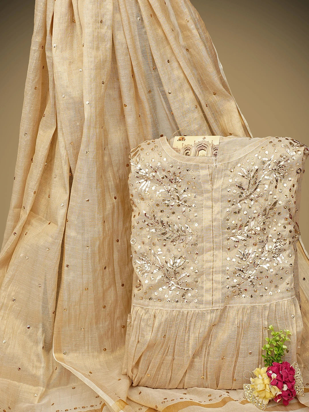 Ada Hand Embroidered Camel Brown Tissue Semi-Stitched A-line Kurta Dupatta Set With Muqaish Work 01A970295