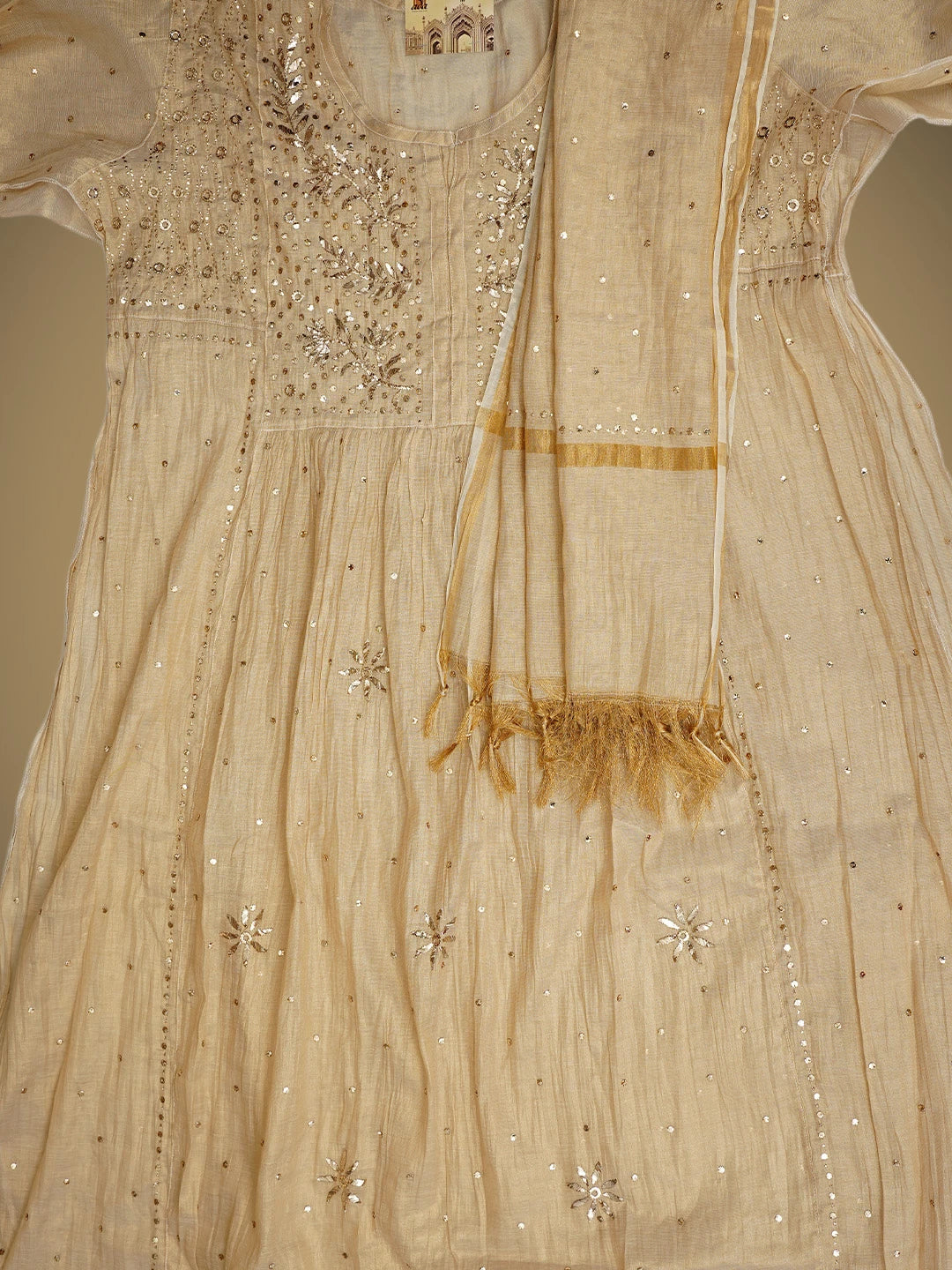 Ada Hand Embroidered Camel Brown Tissue Semi-Stitched A-line Kurta Dupatta Set With Muqaish Work 01A970295