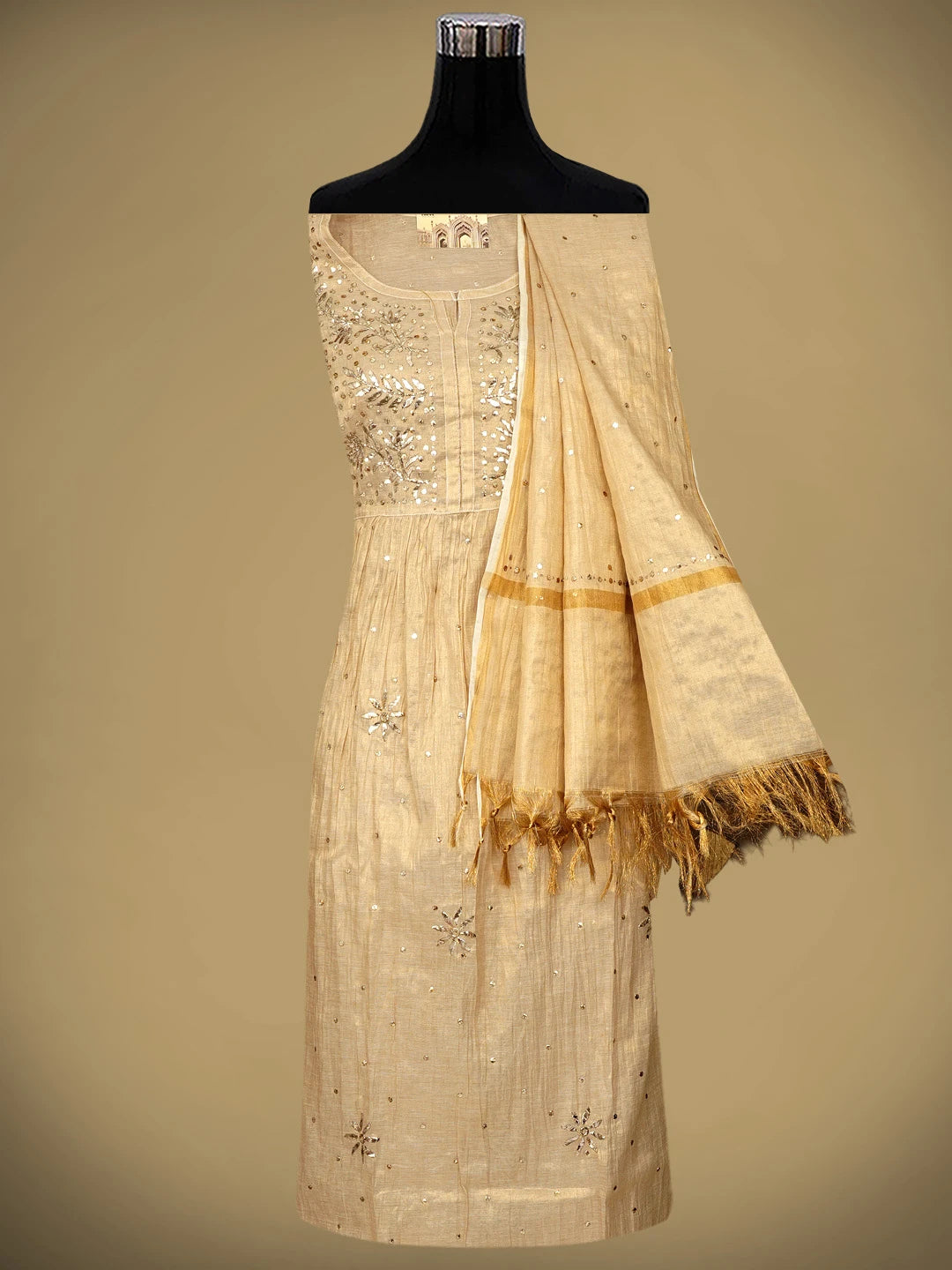 Ada Hand Embroidered Camel Brown Tissue Semi-Stitched A-line Kurta Dupatta Set With Muqaish Work 01A970295