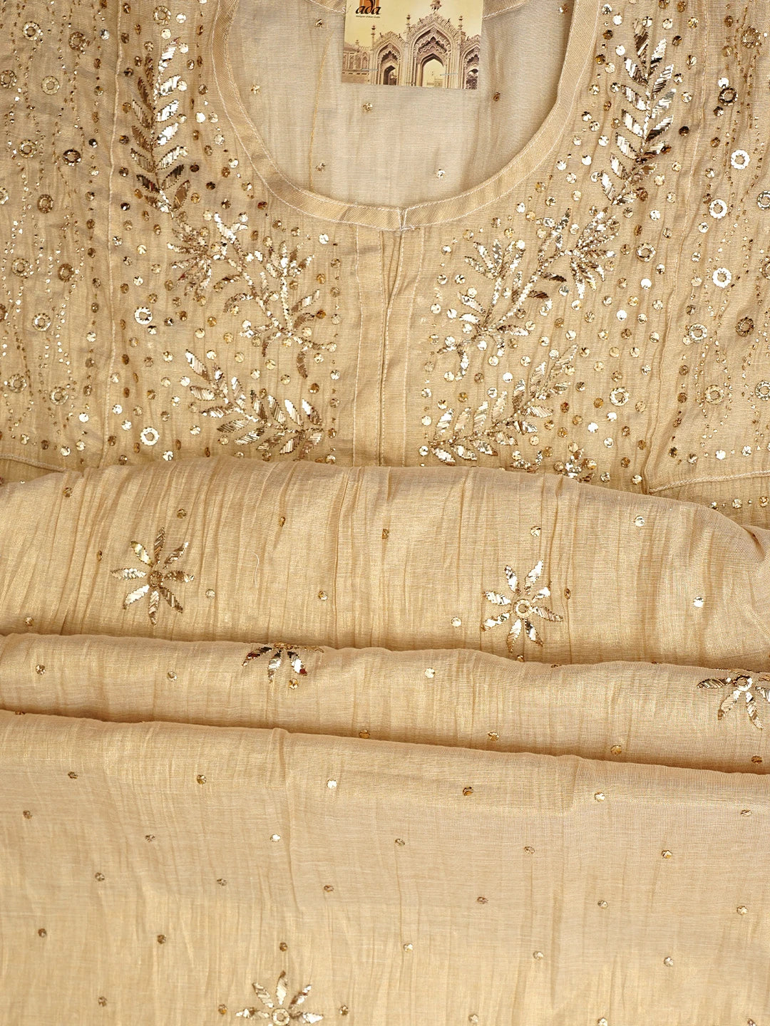 Ada Hand Embroidered Camel Brown Tissue Semi-Stitched A-line Kurta Dupatta Set With Muqaish Work 01A970295