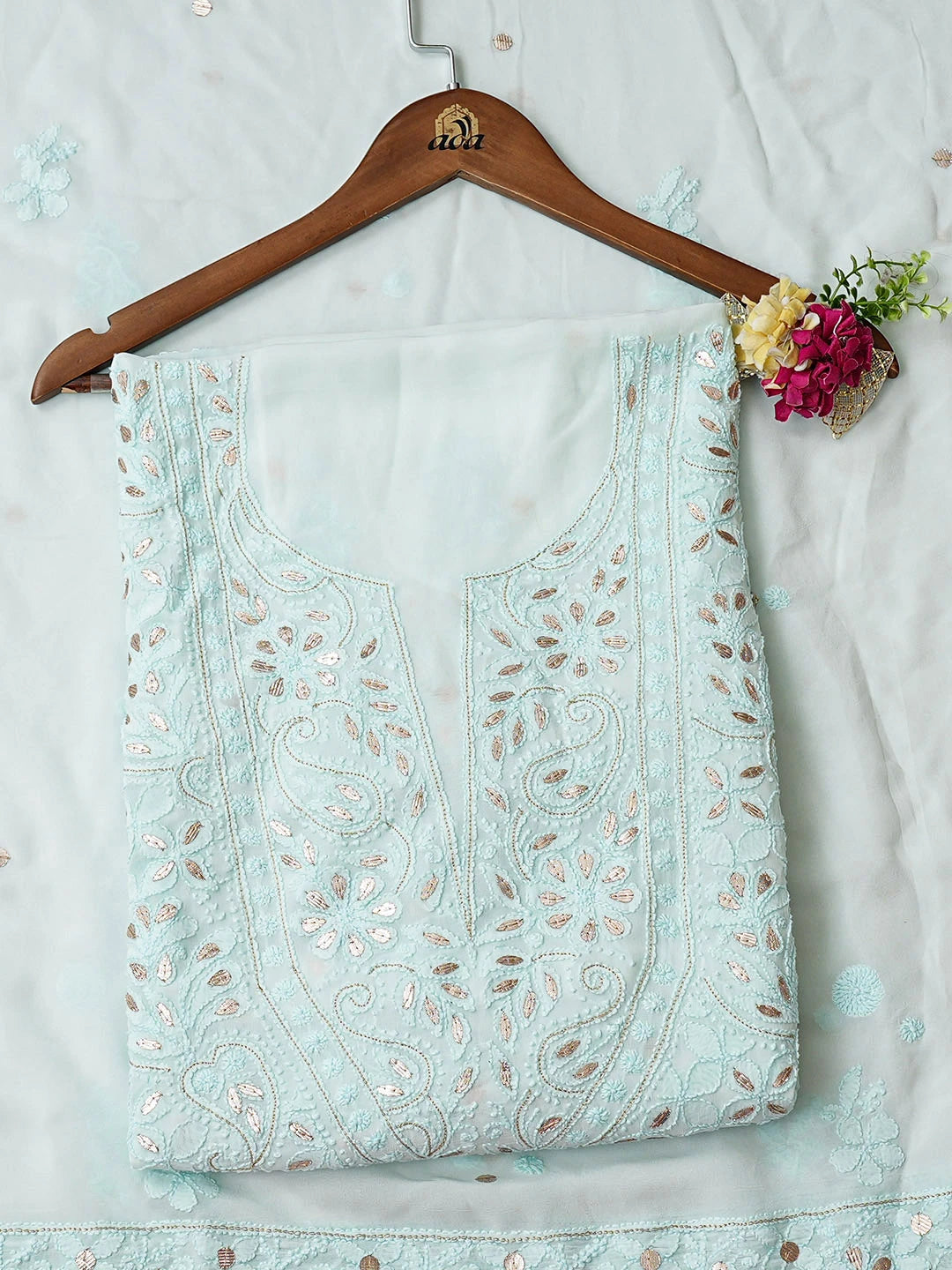 Ada Hand Embroidered Sea Green Viscose Georgette Lucknowi Chikankari Unstitched Kurta Dupatta Set With Gotapatti Work 01A962633