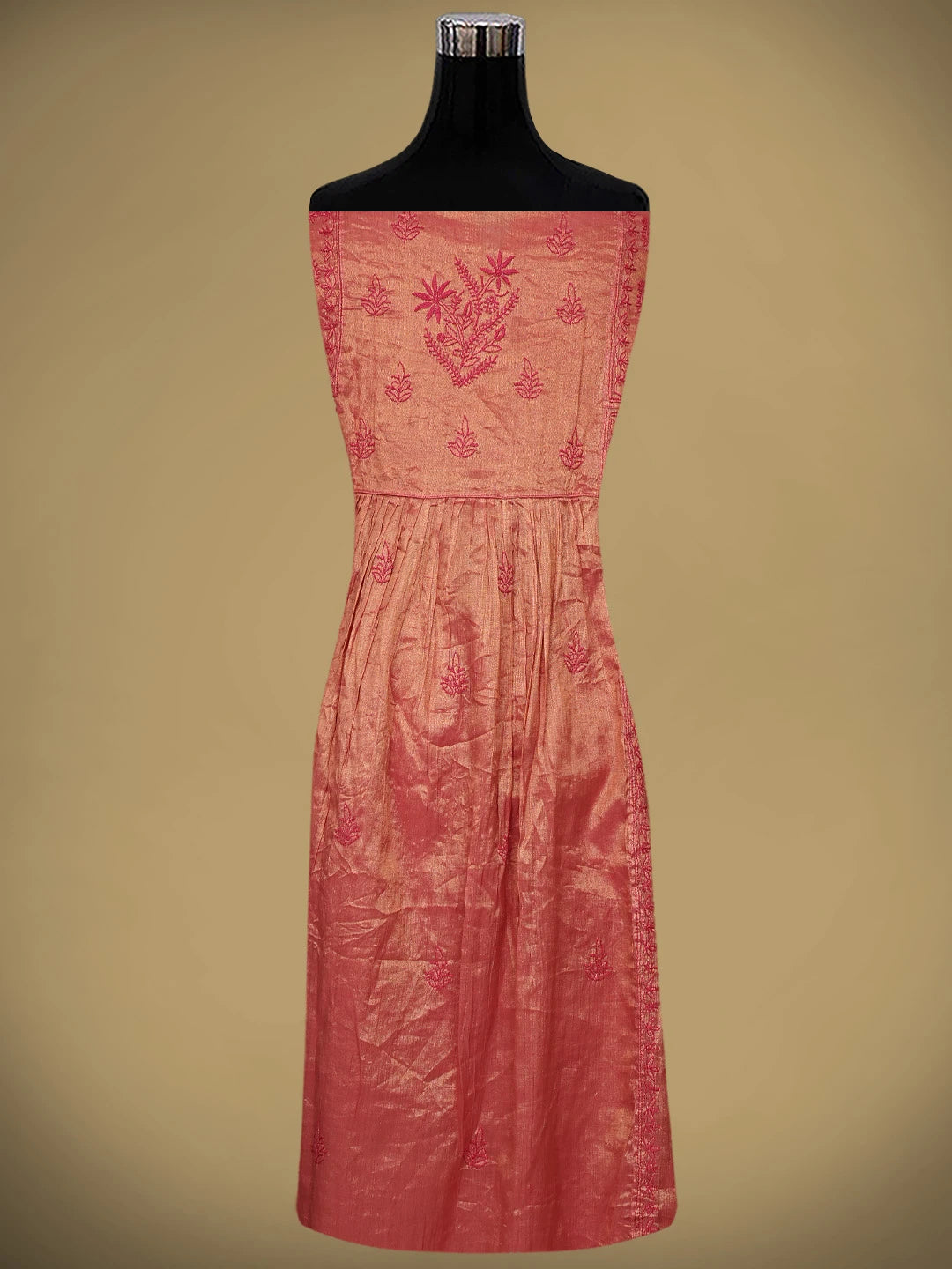 Ada Hand Embroidered Blushed Brick Red Tissue Lucknowi Chikankari Semi-stitched Kurta Dupatta Set 01A946101