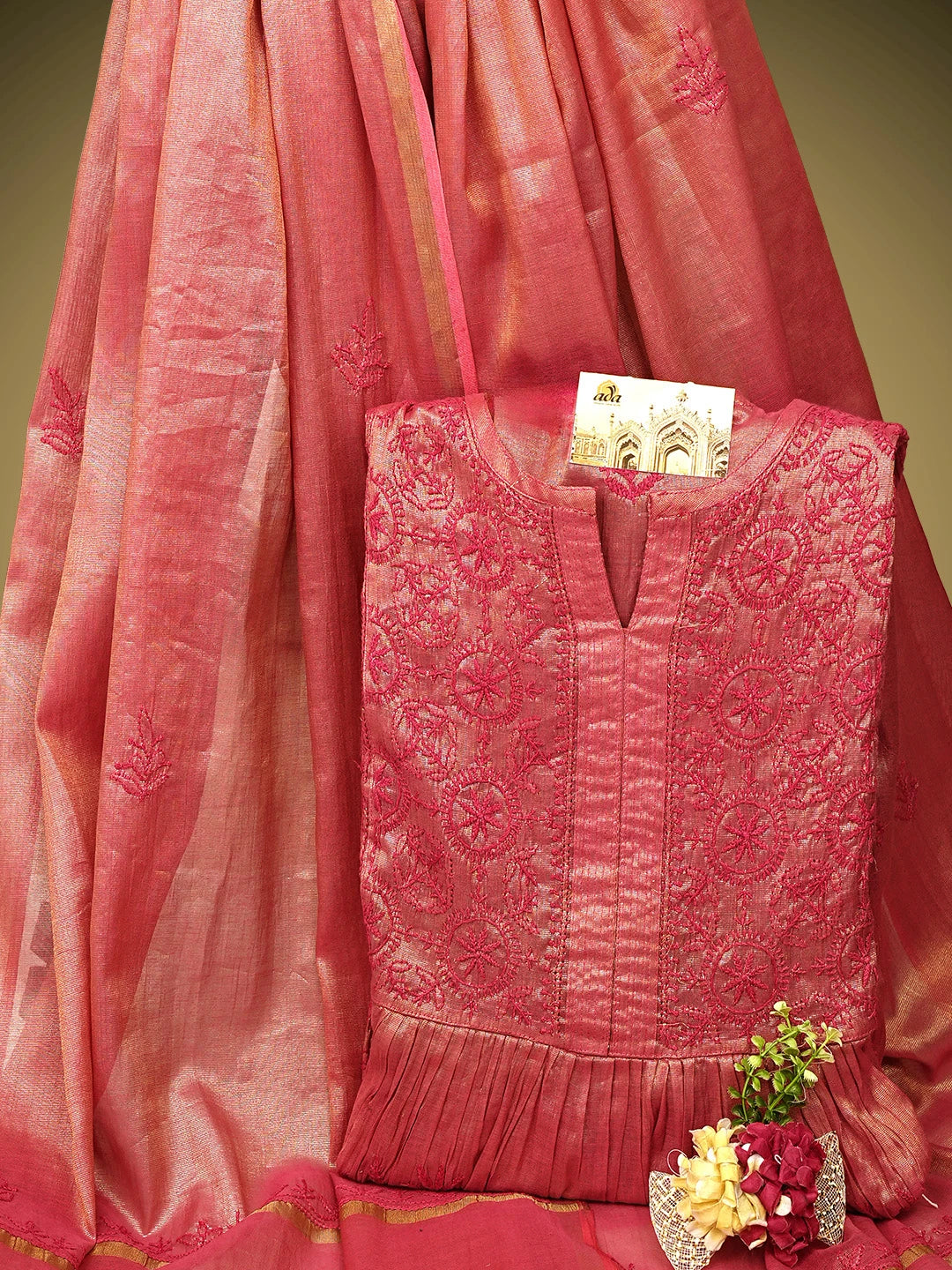 Ada Hand Embroidered Blushed Brick Red Tissue Lucknowi Chikankari Semi-stitched Kurta Dupatta Set 01A946101