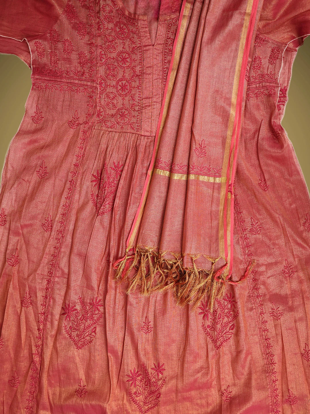 Ada Hand Embroidered Blushed Brick Red Tissue Lucknowi Chikankari Semi-stitched Kurta Dupatta Set 01A946101