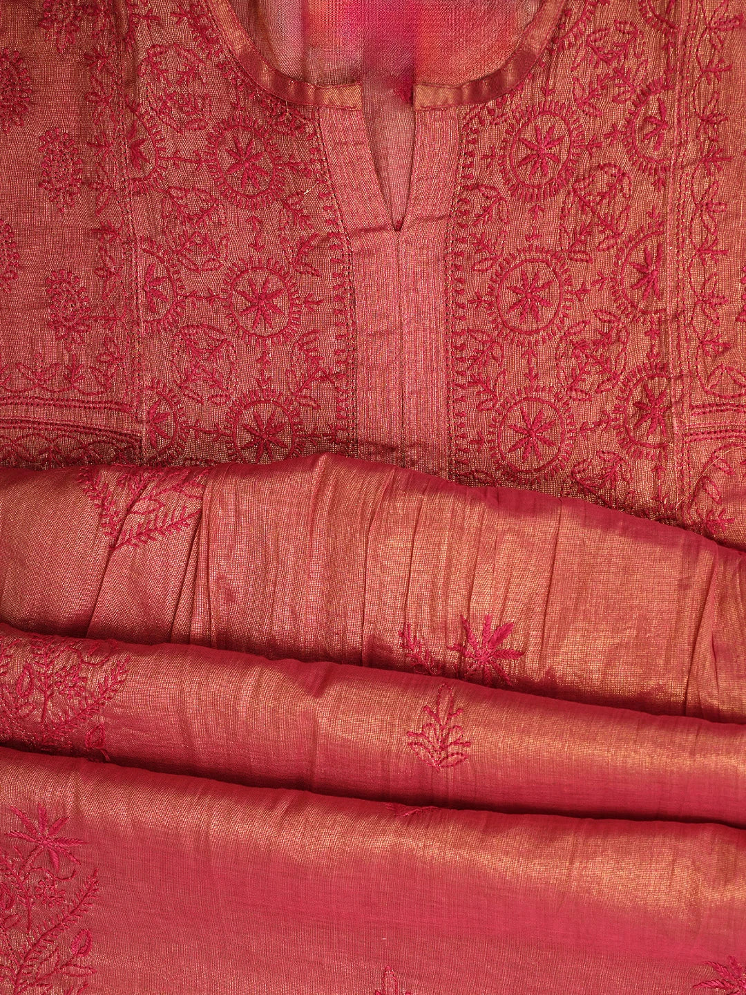 Ada Hand Embroidered Blushed Brick Red Tissue Lucknowi Chikankari Semi-stitched Kurta Dupatta Set 01A946101