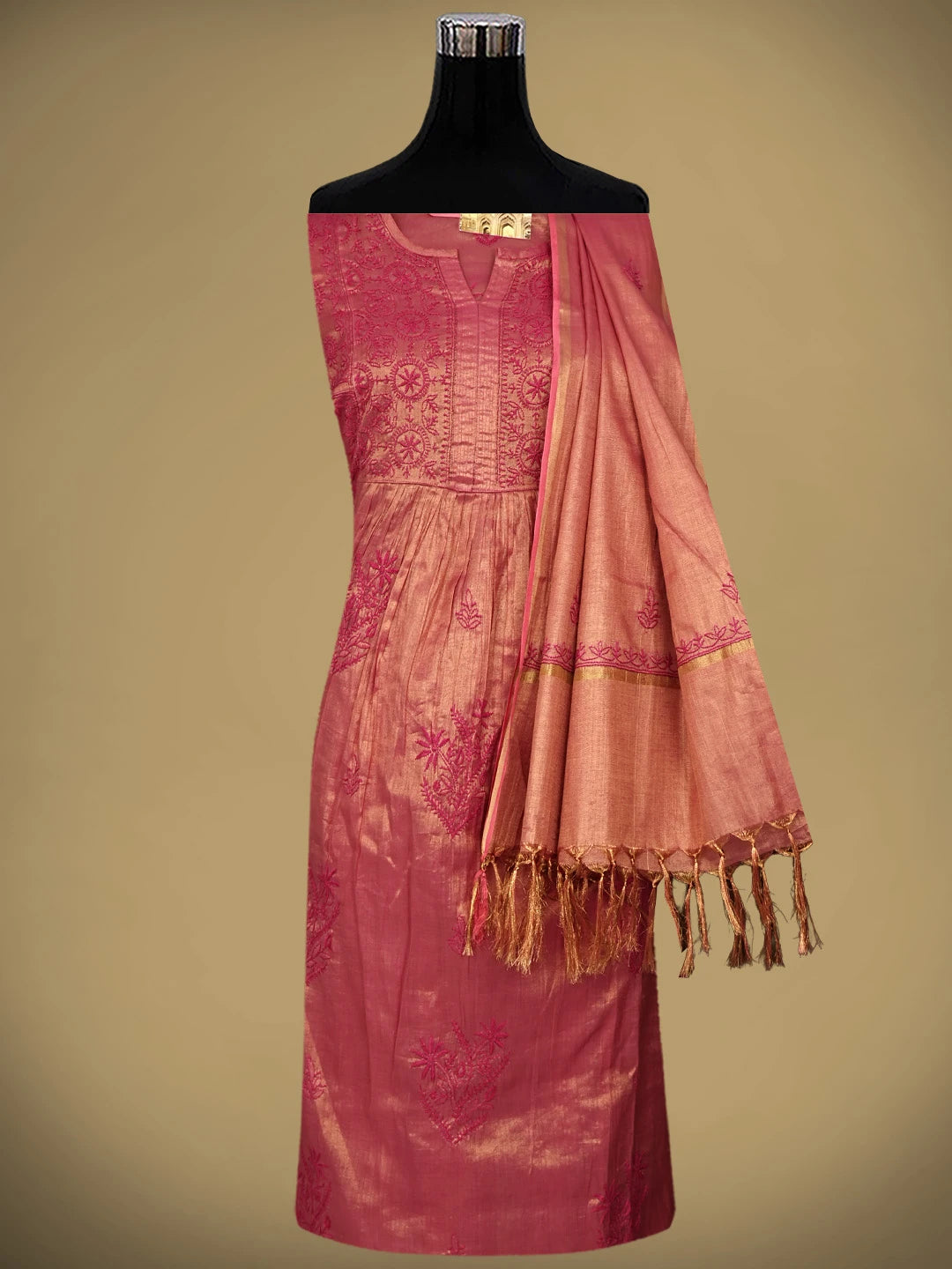 Ada Hand Embroidered Blushed Brick Red Tissue Lucknowi Chikankari Semi-stitched Kurta Dupatta Set 01A946101