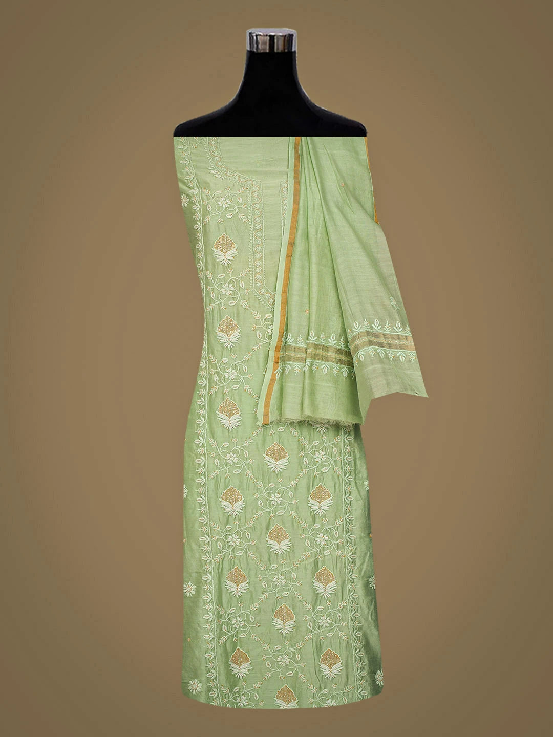 Ada Hand Embroidered Green Chanderi Lucknowi Chikankari Unstitched Kurta Dupatta Set With Cutdana Work 01A825271