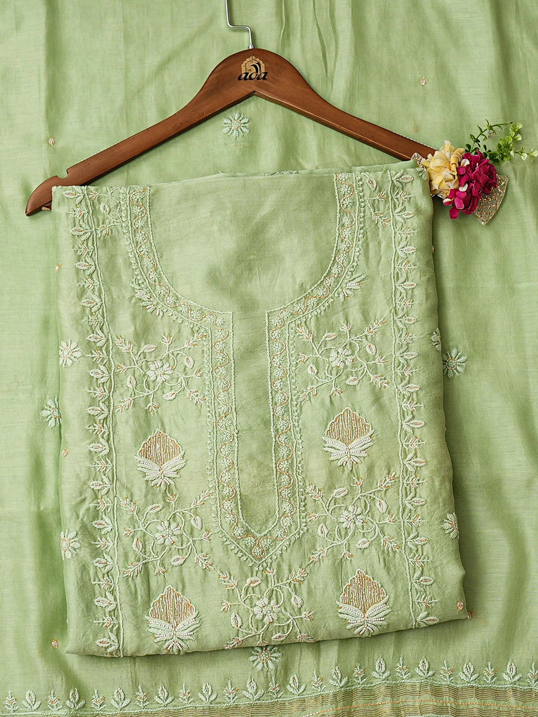 Ada Hand Embroidered Green Chanderi Lucknowi Chikankari Unstitched Kurta Dupatta Set With Cutdana Work 01A825271