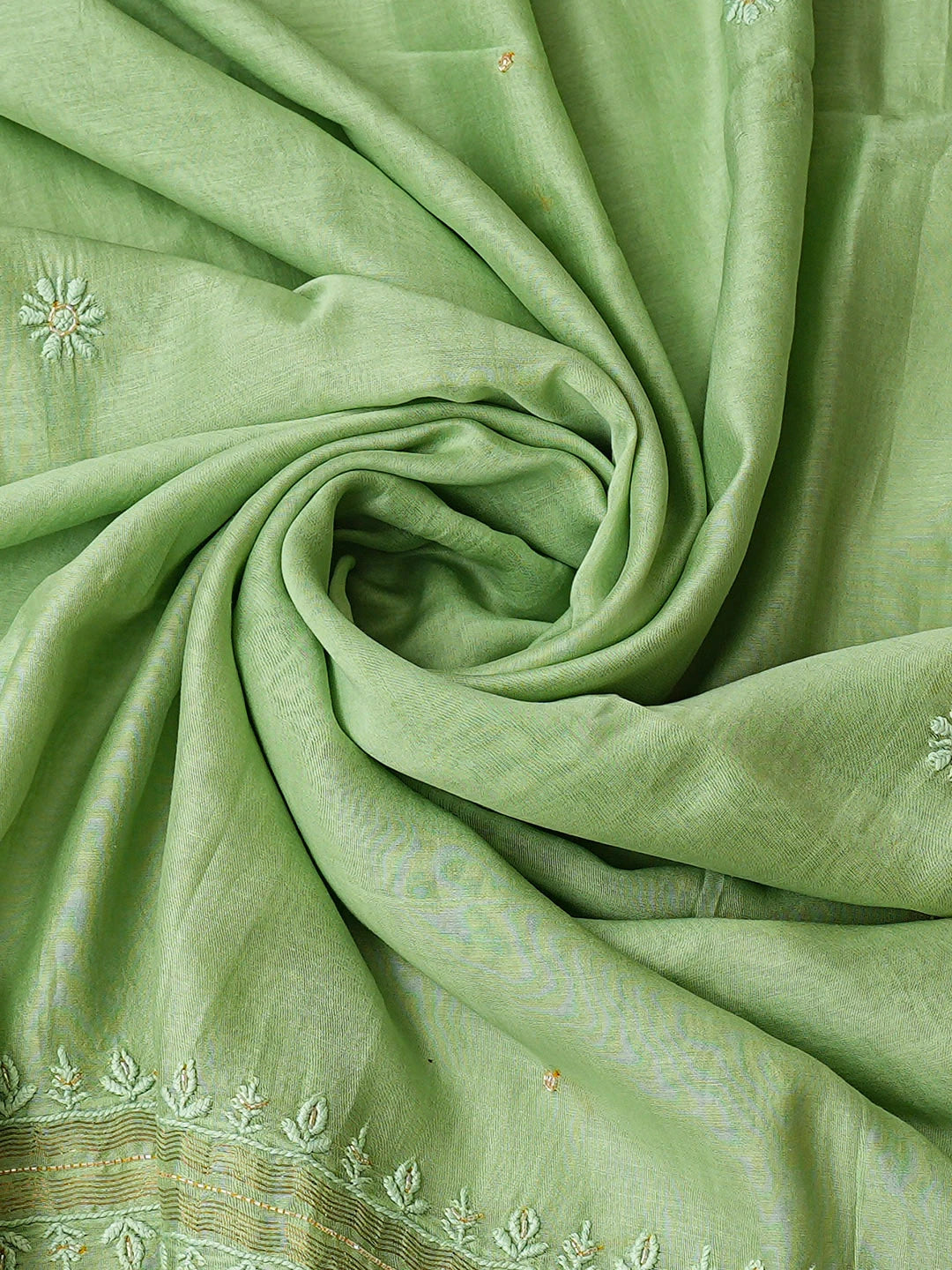 Ada Hand Embroidered Green Chanderi Lucknowi Chikankari Unstitched Kurta Dupatta Set With Cutdana Work 01A825271